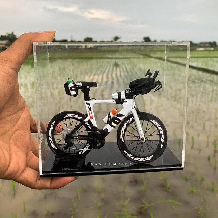 Model bicycle on a clear stand held in front of a scenic landscape